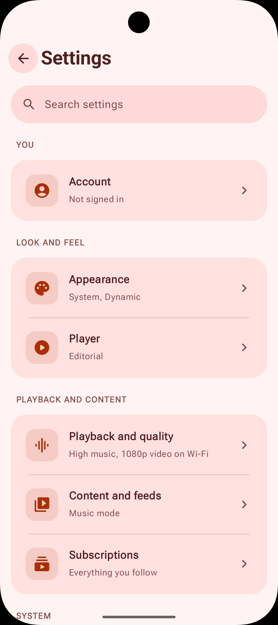 Settings hub — Rows show their value